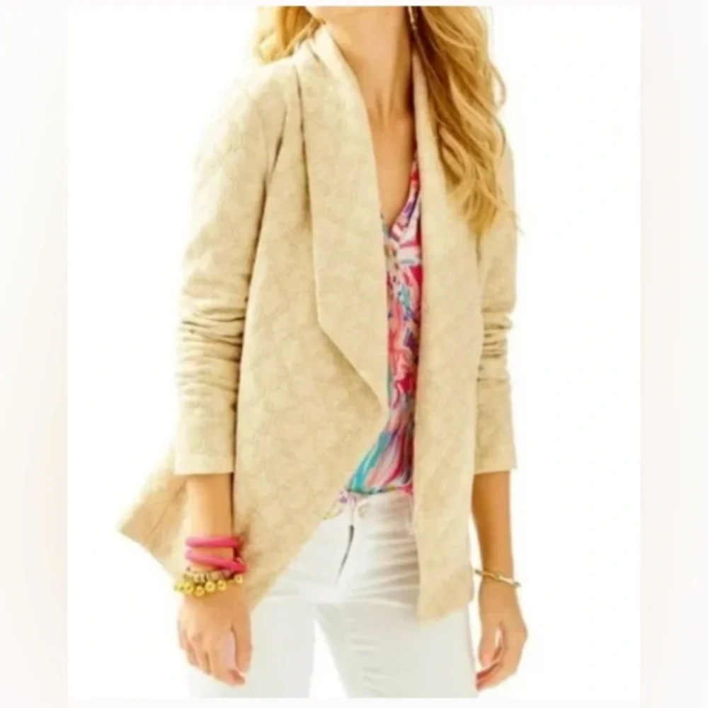 Lilly Pulitzer Brea Wrap Heathered Wheat Lurex Knit Mizner Jacquard Gold Jacket